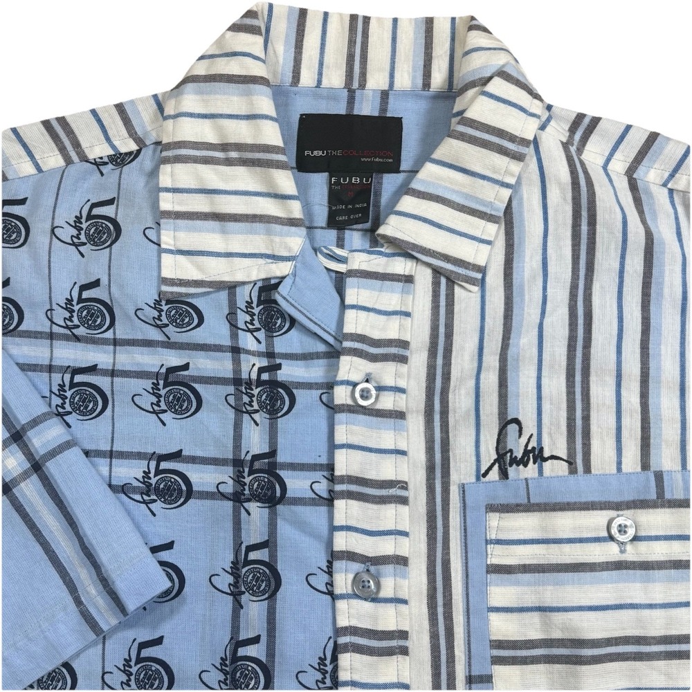 Vintage FUBU The Collection Shirt Men's‎ M Blue Striped Plaid 5 Button Cotton